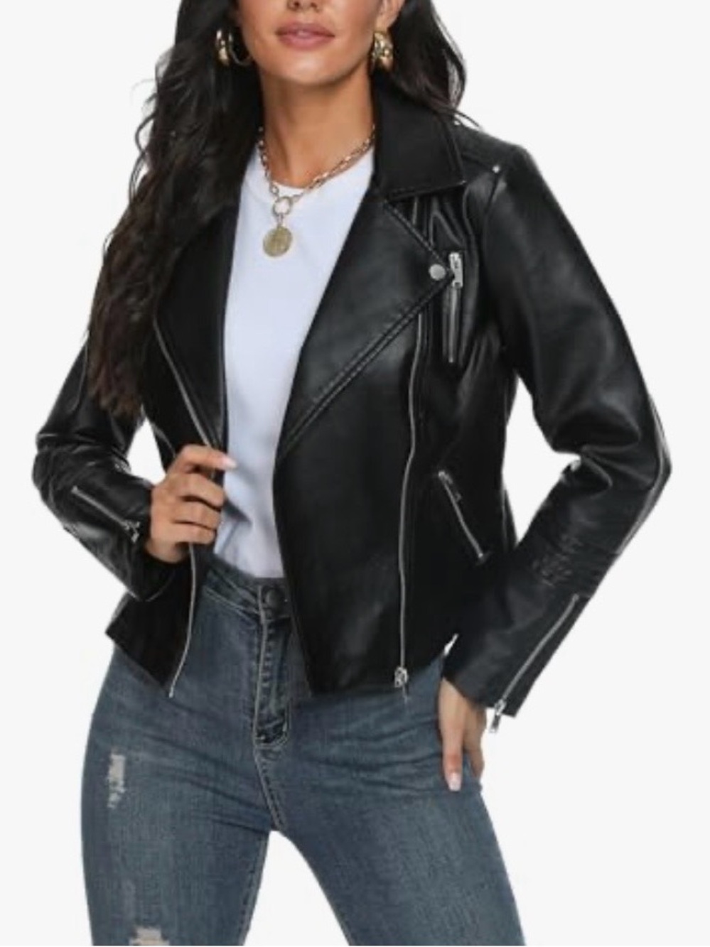Fahsyee Women's Lapel Faux Leather Moto Jacket size M